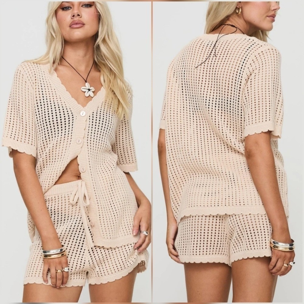 Princess Polly Beige Preppy Boho Crochet Open Knit Sweater Cardigan Size US 6